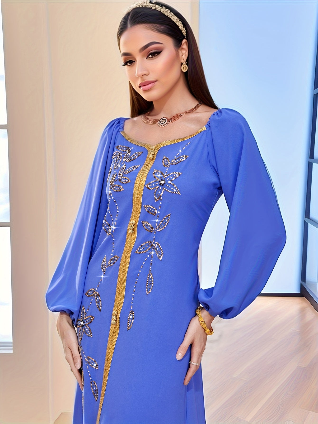 Elegant Long Sleeve Polyester Dress with Lantern Sleeves, Solid Color, Tie Back, and Belted Waist Palestinian Abaya