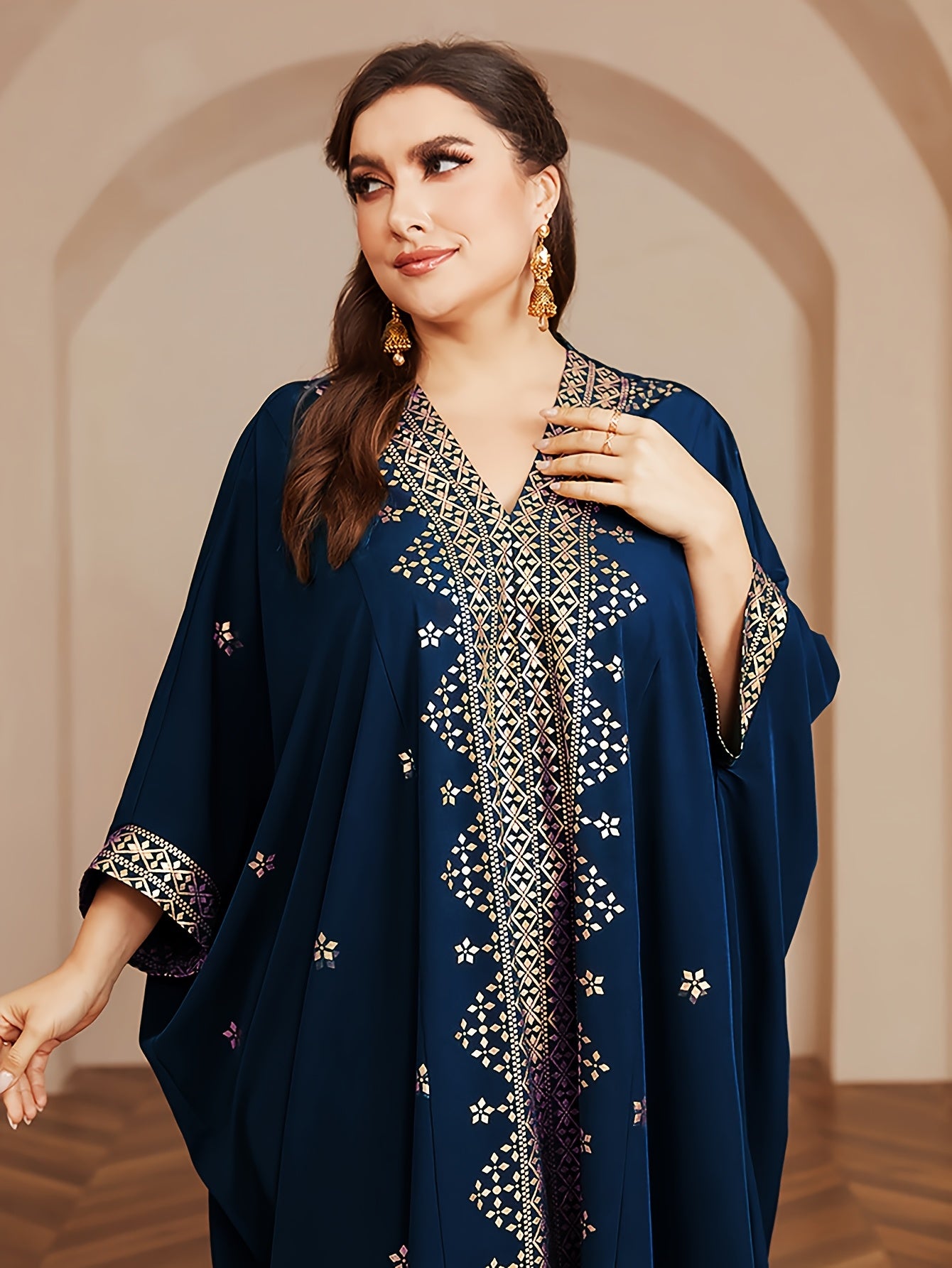 Polyester Long Kaftan | V-Neck Tribal Pattern Woven Non-Stretch, Middle East Golden Tassel, Batwing Sleeve Abaya, Plus Size, All Season