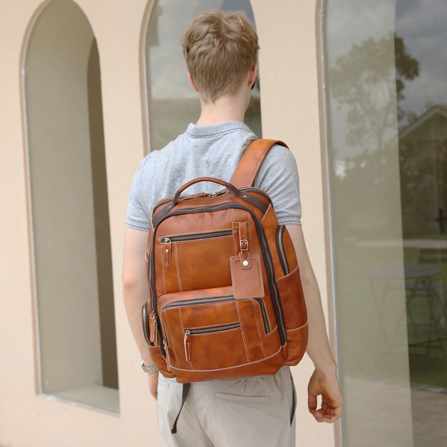 Vintage Genuine Leather Laptop Bag for Men, 15.6" Laptop Compatible, Large Capacity 6.34gal Rucksack with Multiple Zippered Pockets