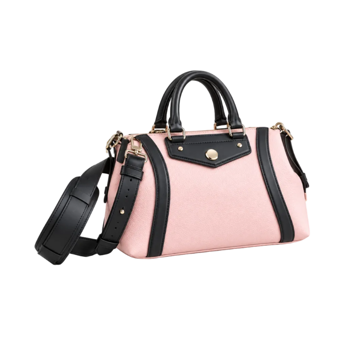 Pink Textured Handbag With Black Trim