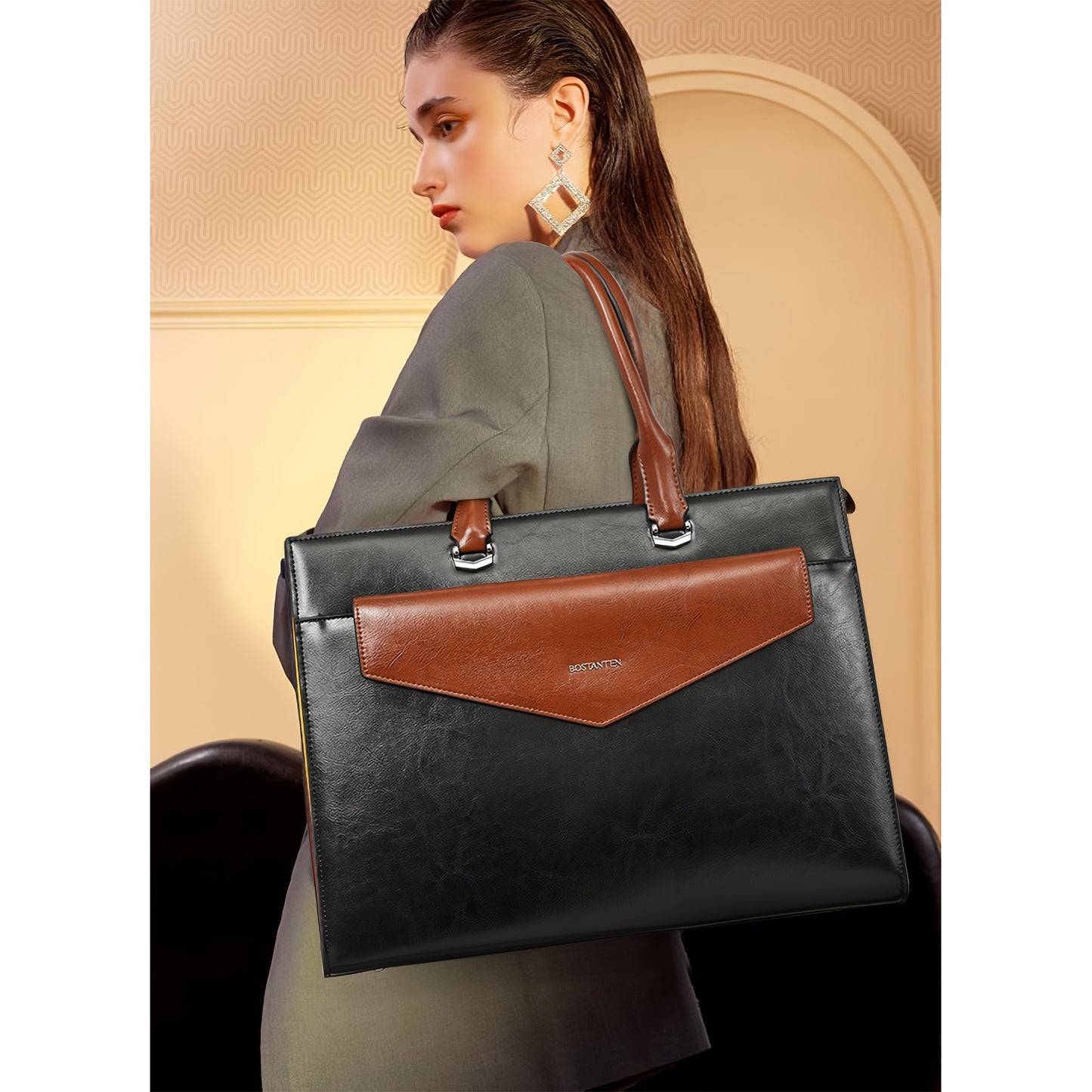 Women's Professional Leather Briefcase Tote Bag for 15.6 Inch Laptop - Work Handbag with Adjustable Shoulder Strap, Button Closure & Contrast Stitching