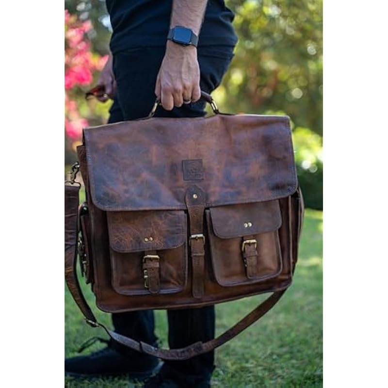 Genuine Leather Laptop Bag for Men - Stylish and Spacious 15.5 x 15 x 5 Briefcase - Professional and Luxurious Satchel for Work Travel Business and Office Use - Brown