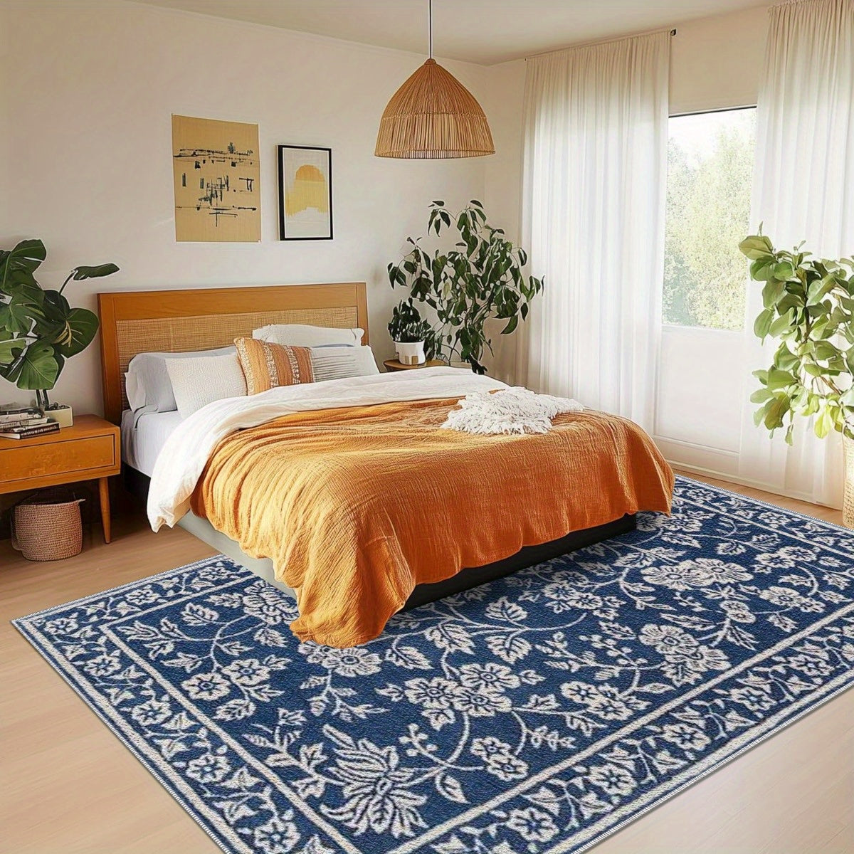 1pc Bohemia Blue and White Floral Patterned Area Rug, Easy to Maintain, Foldable Indoor Printed Floor Mat, Soft and Durable Machine-Washable Carpet, Suitable for Living Room, Bedroom, Dining Room, Hallway, Balcony, Home Decor