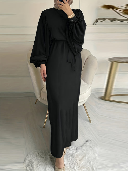 Women's Solid Color Arabic Abaya Dress with Belt - Modern Arabic Style Long Dress, Round Neck Lantern Sleeves, Adjustable Waist Tie, All-Season Casual & Vacation Dress for Women