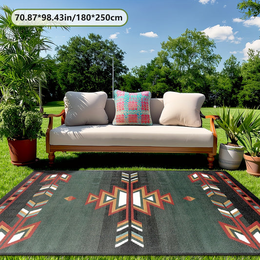 This Outdoor Carpet Features a Green Base with a Multicolored Geometric Arrow Pattern, Made of 1.76 LB Per Square Meter of Plush Material with a Non-Slip Dot Plastic Backing. It'S Suitable for Various Settings Such As Patios,