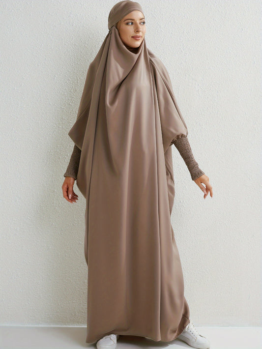 Elegant Loose-Fit Abaya Robe with Built-In Headscarf - Modest Ramadan Prayer Dress, Long Sleeve Butterfly Cuff Traditional Middle Eastern Full-Length Cover Dress, Solid Color Machine Washable, Religious Attire, Allseason Wear