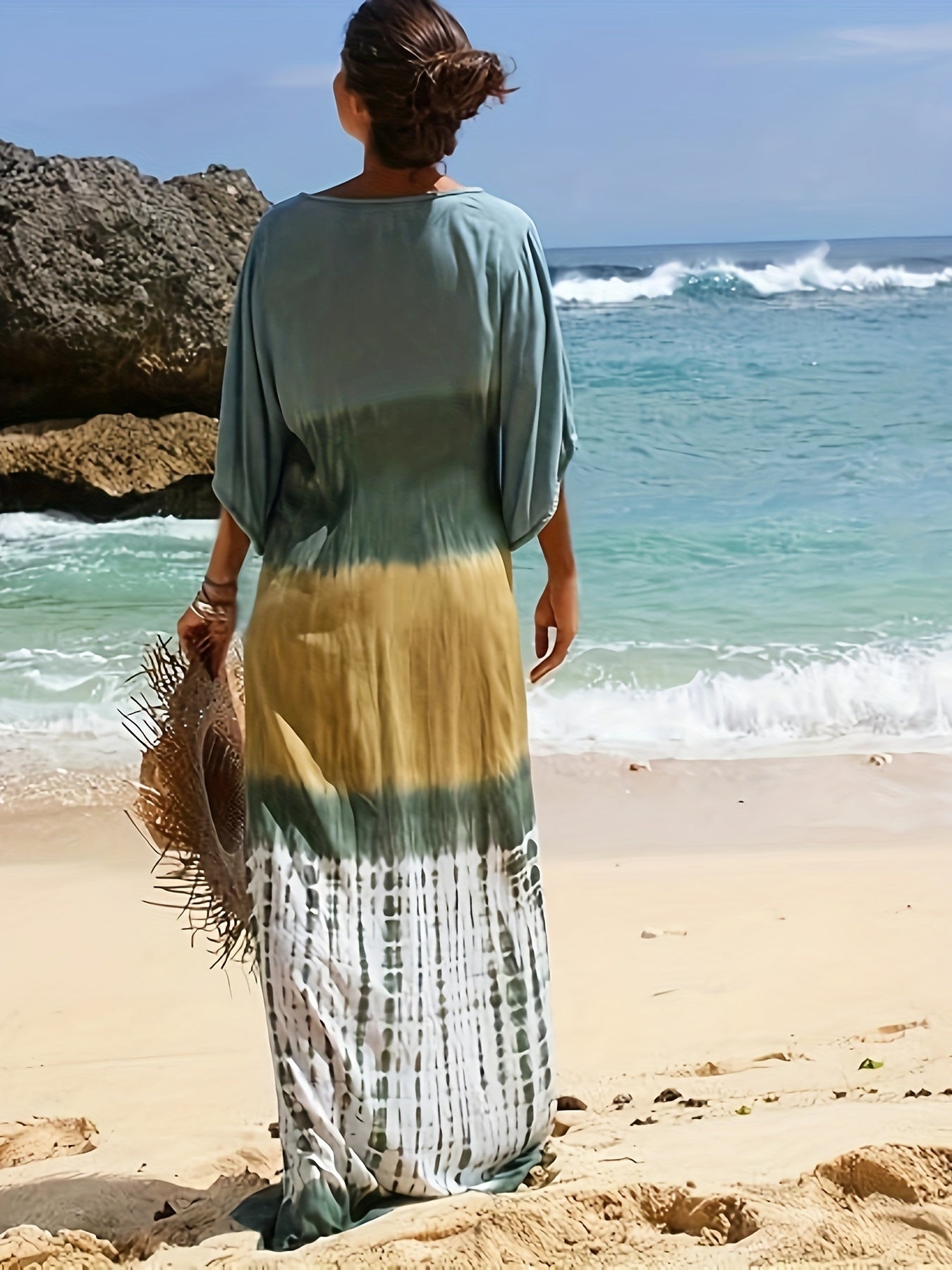 Women Green Tie Dye Kaftan Dress | Beach Cover Up Short Sleeve Maxi Dress, Casual V-Neck Kimono, Loose Fit For Spring/Summer/Fall