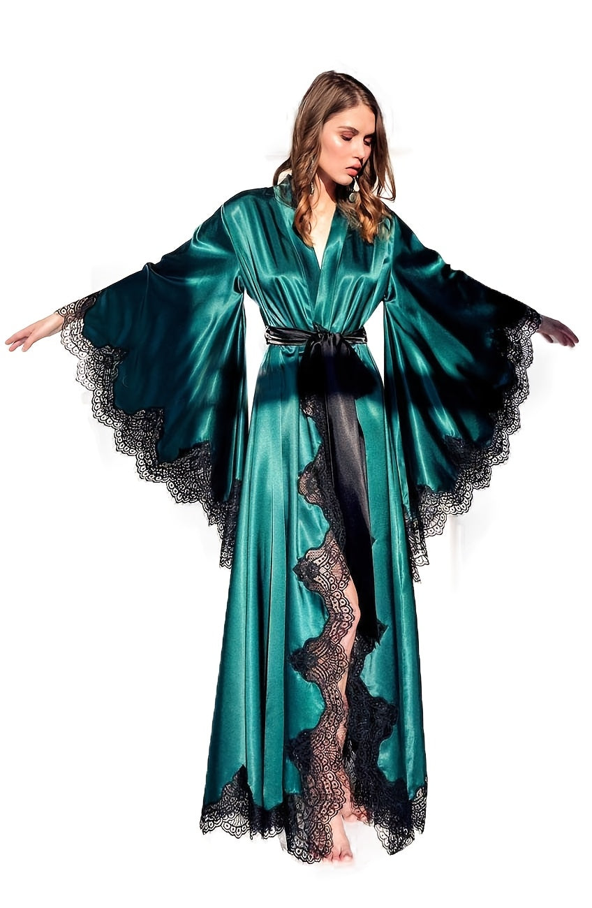 Women's Black Satin Robe - Elegant Long Lace Kimono, Lightweight Bridal Sleepwear for Wedding Day, Polyester, Contrast Lace Detail, Bride Lingerie