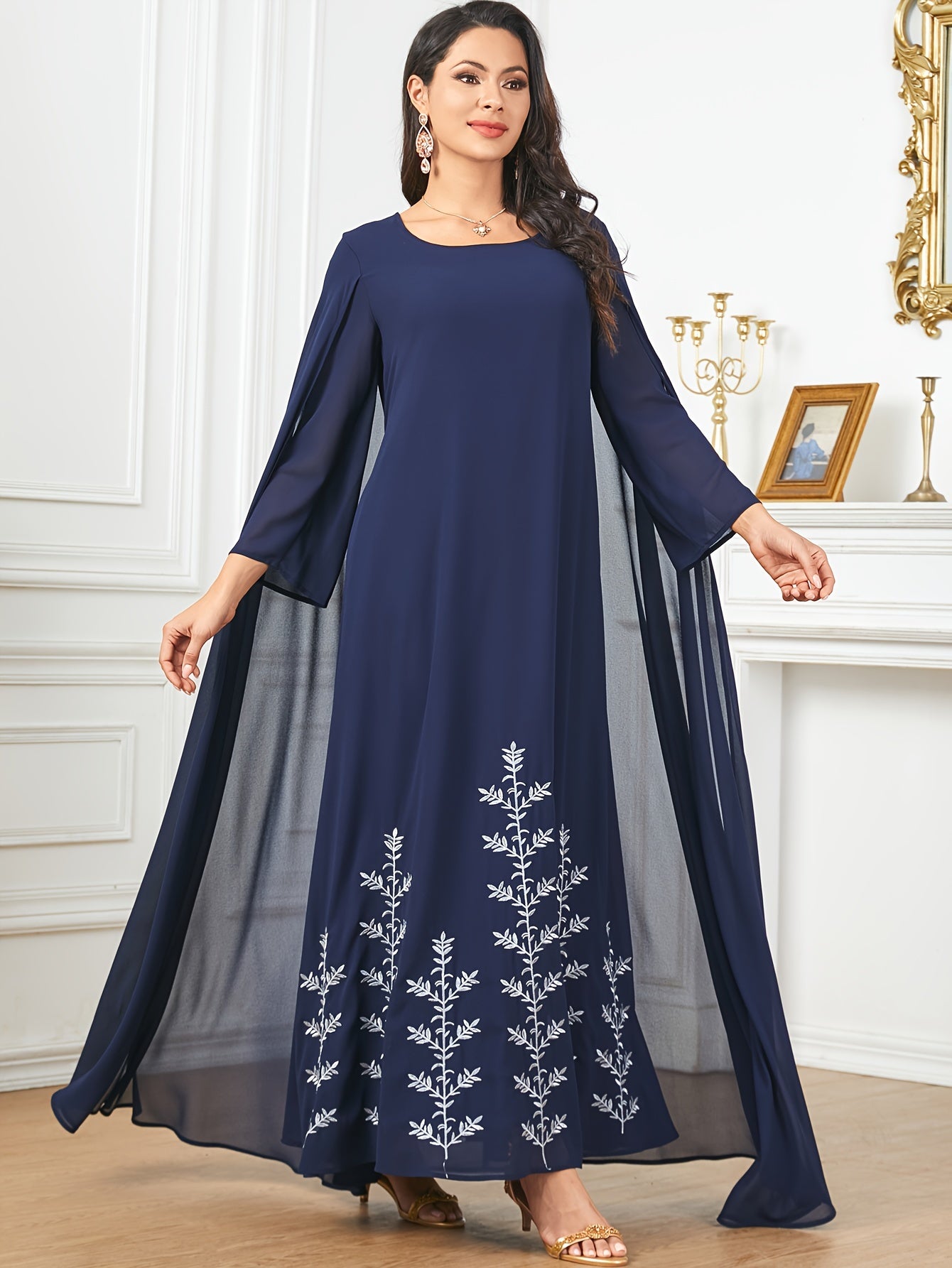Polyester Traditional Abaya Dress - Solid Color Round Neck Embroidered Long Sleeve with Cape, Regular Fit, All-Season, Middle Eastern Cultural Apparel