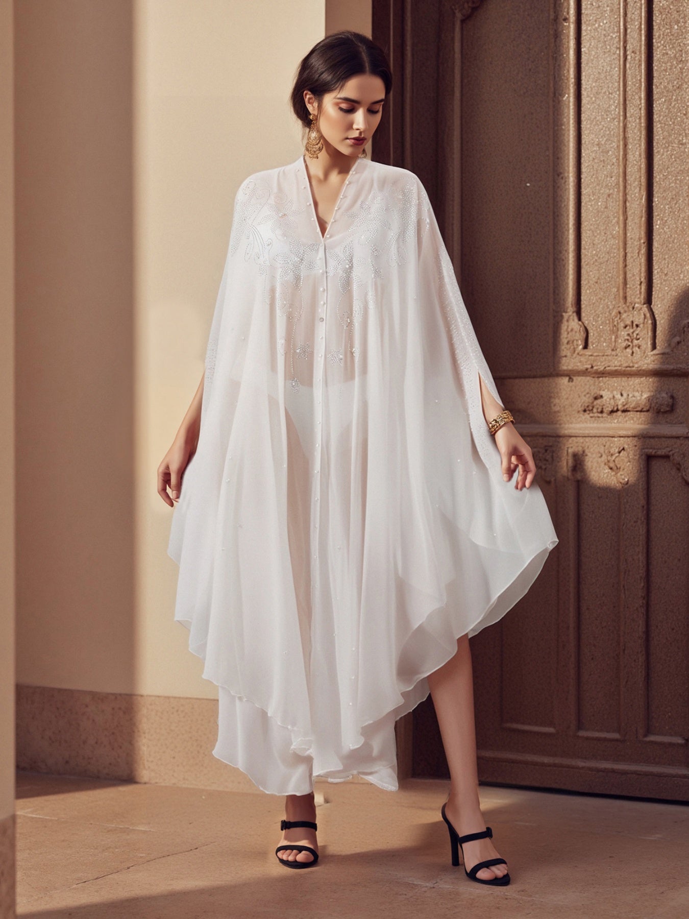 Women's Autumn Long Kaftan Dress Long Bat Sleeve Hooded Rhinestone Cape Arab Abaya Dress
