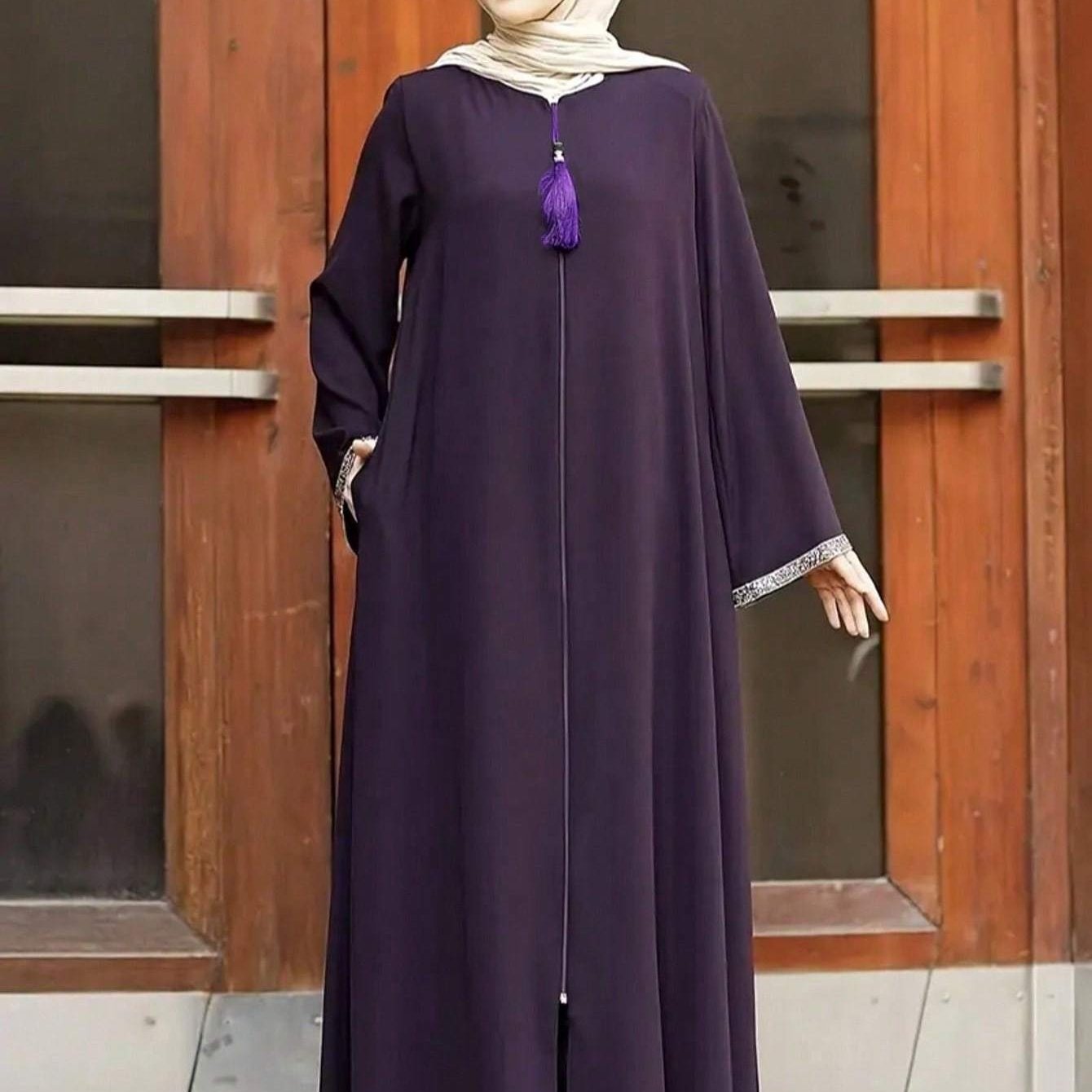 Women's Traditional Moroccan-Style Long Baju Abaya with Zipper Closure - Solid Color, Loose Fit, Round Neck, Polyester, Casual Wear, Casual Wear|Traditional Robe|Polyester Dress