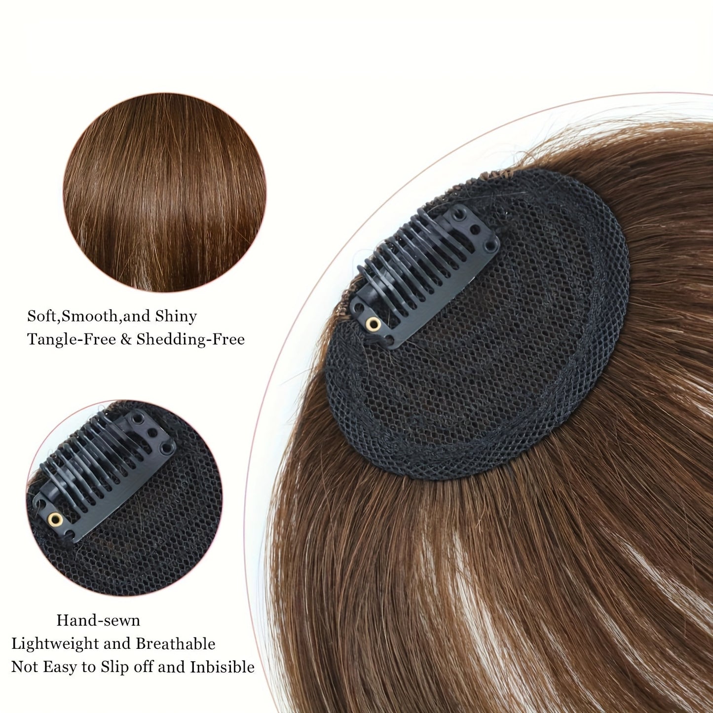 1pc Women'S Natural Brown Human Hair Clip-In Bangs Wig - Soft Wavy with Straight Ends, Secure Clip-In Design, Natural Hairline & Easy Wear