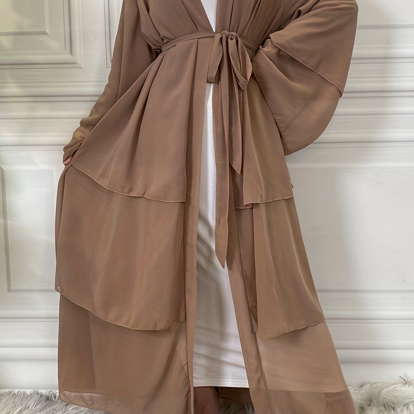 Ramadan Layered Open Front Modest Pakistani Abaya, Long Sleeve Muslim Dress With Belted, Without Hijab, Women's Clothing