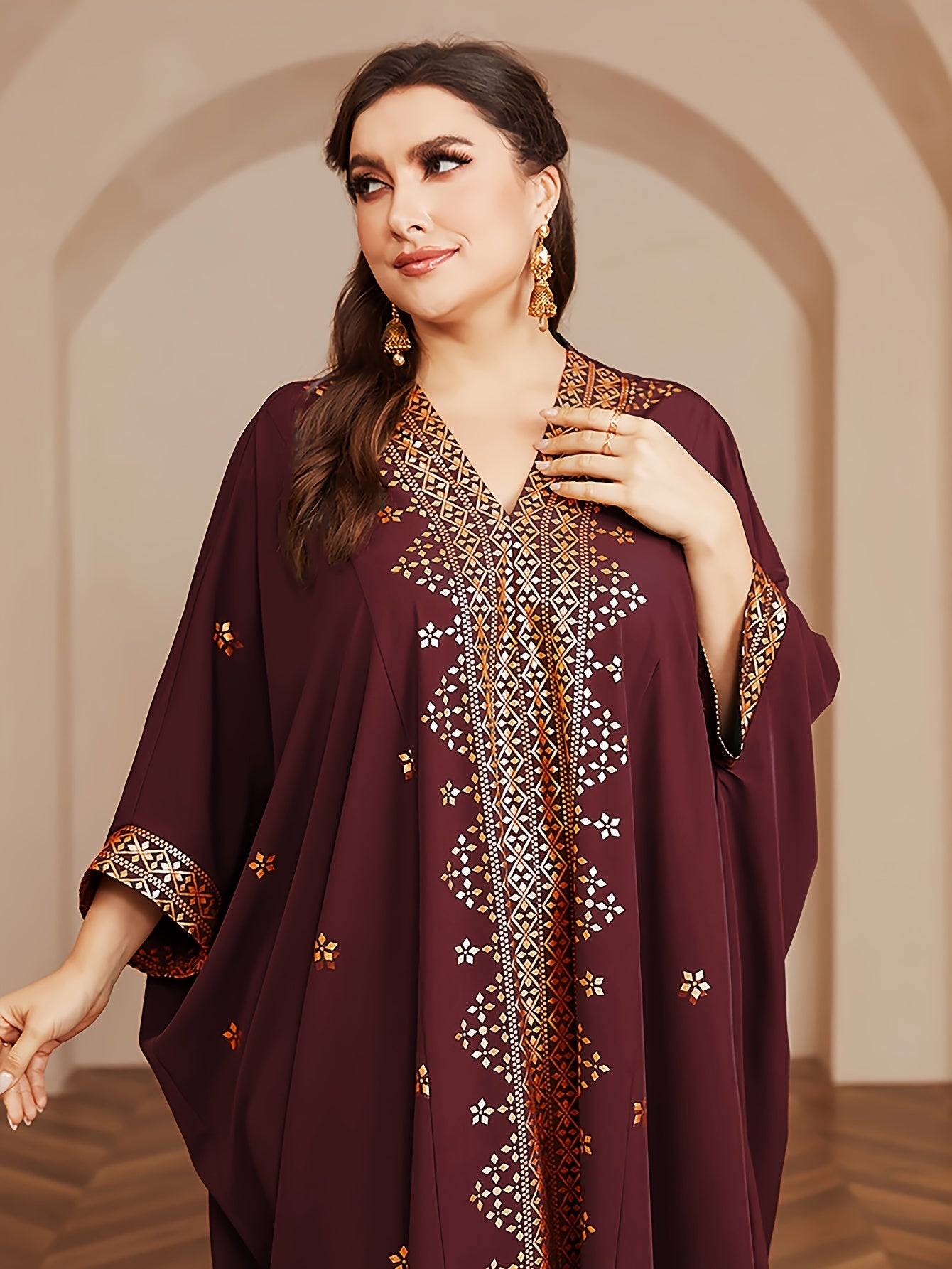 Polyester Long Kaftan | V-Neck Tribal Pattern Woven Non-Stretch, Middle East Golden Tassel, Batwing Sleeve Abaya, Plus Size, All Season