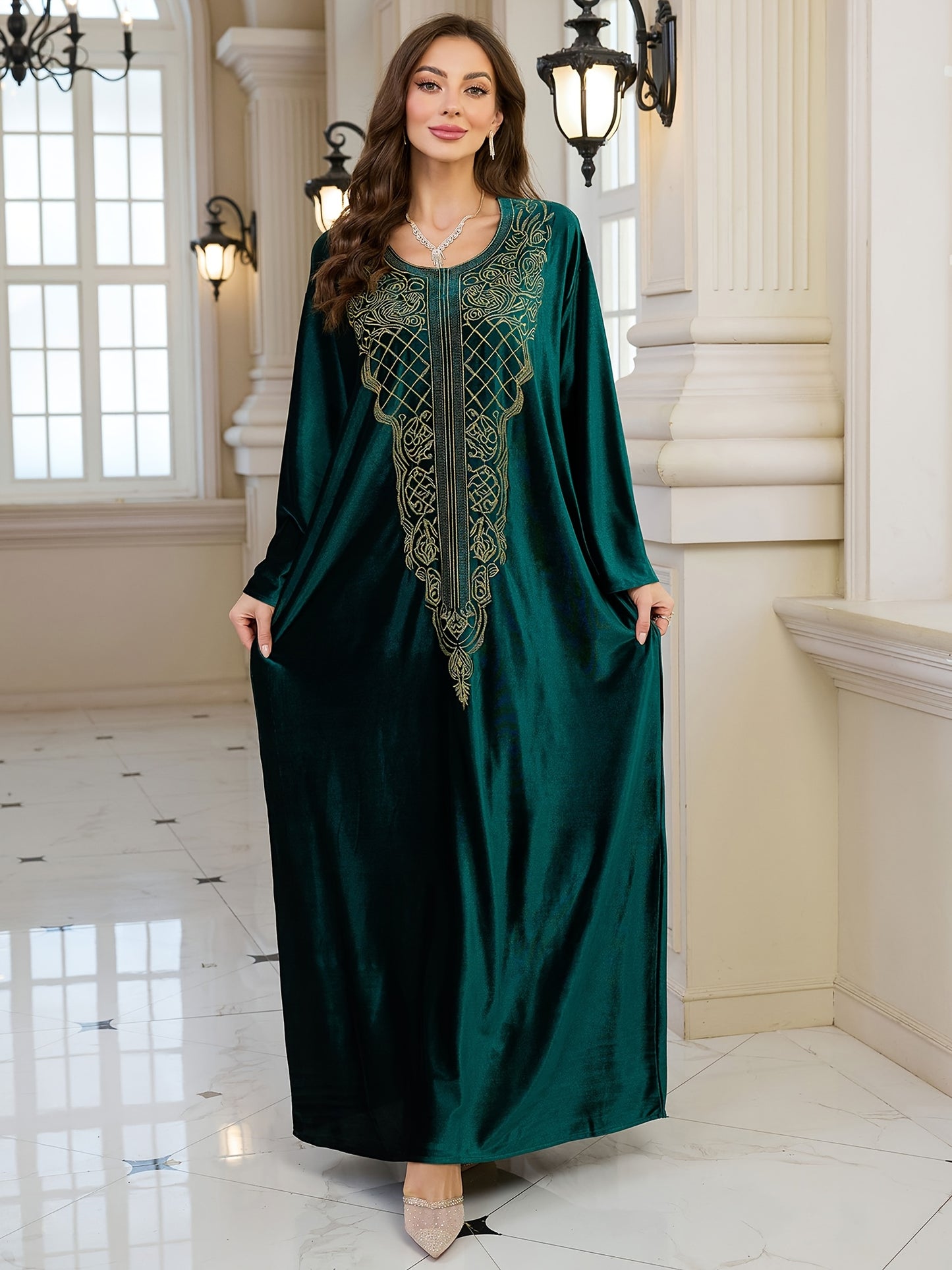 EDOLYNSA round neck embroidery long elegant dark green long sleeve side pocket ethnic dress Turkish robe Middle Eastern fashion casual vacation large size Kaftan blouse