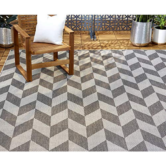 Patio Country Contemporary Herringbone Indoor Outdoor Area Medium Rug Black Grey 5'2x7'2