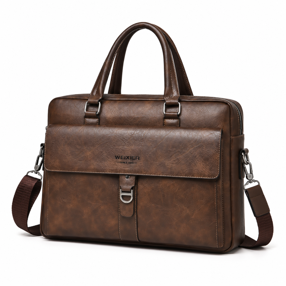 Classic Brown Leather Briefcase With Strap
