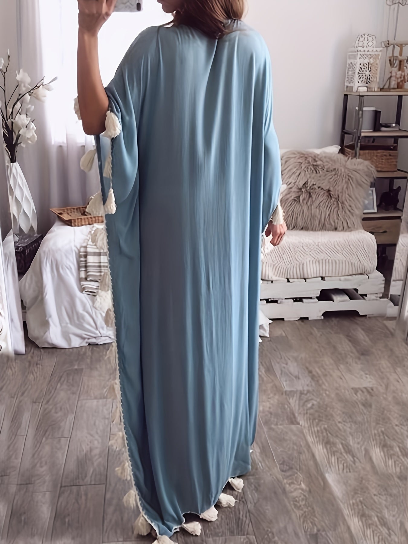 Womens Plus-Size Middle Eastern Kaftan Abaya, V-Neck Tassel Patchwork Gown Dress.