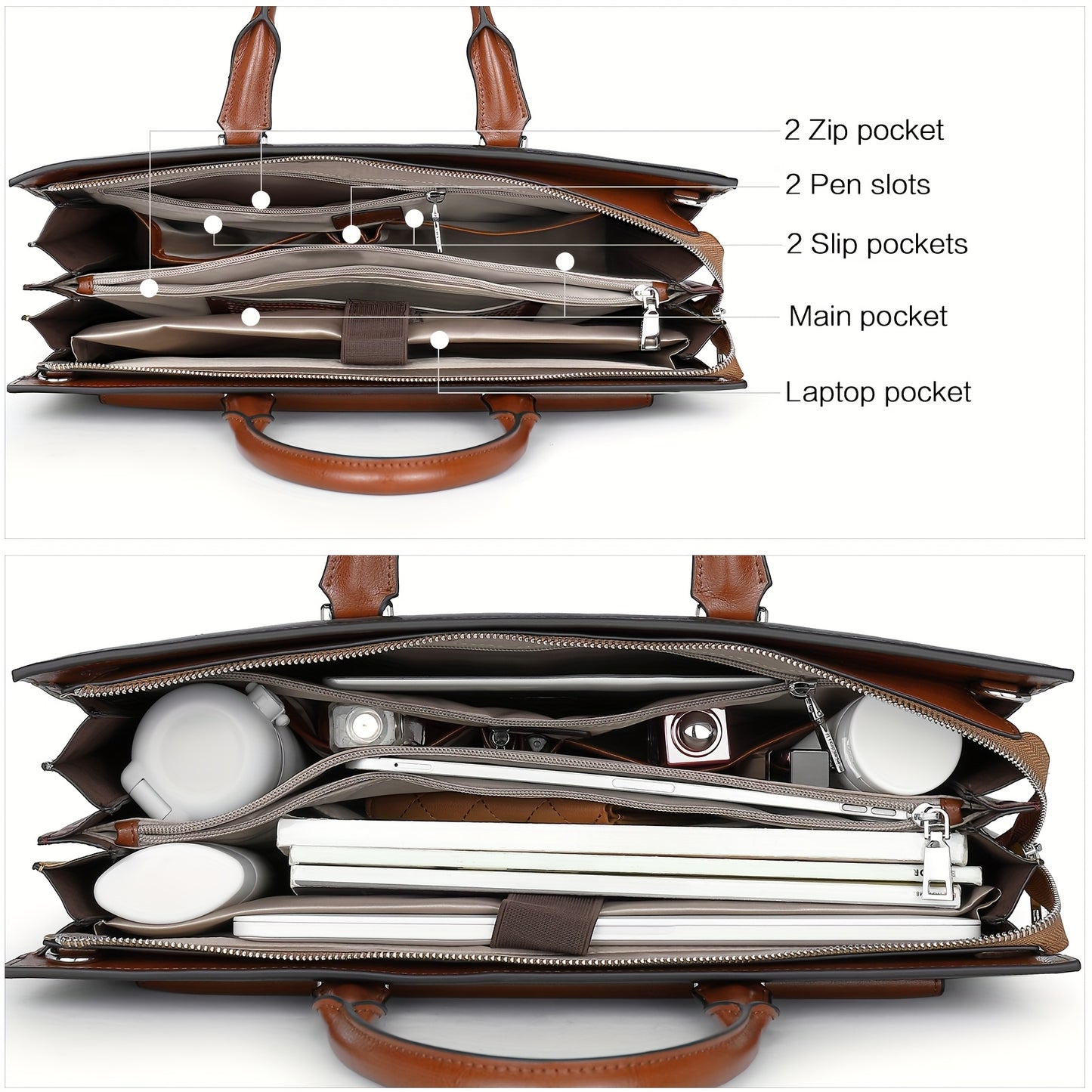 Women's Professional Leather Briefcase Tote Bag for 15.6 Inch Laptop - Work Handbag with Adjustable Shoulder Strap, Button Closure & Contrast Stitching