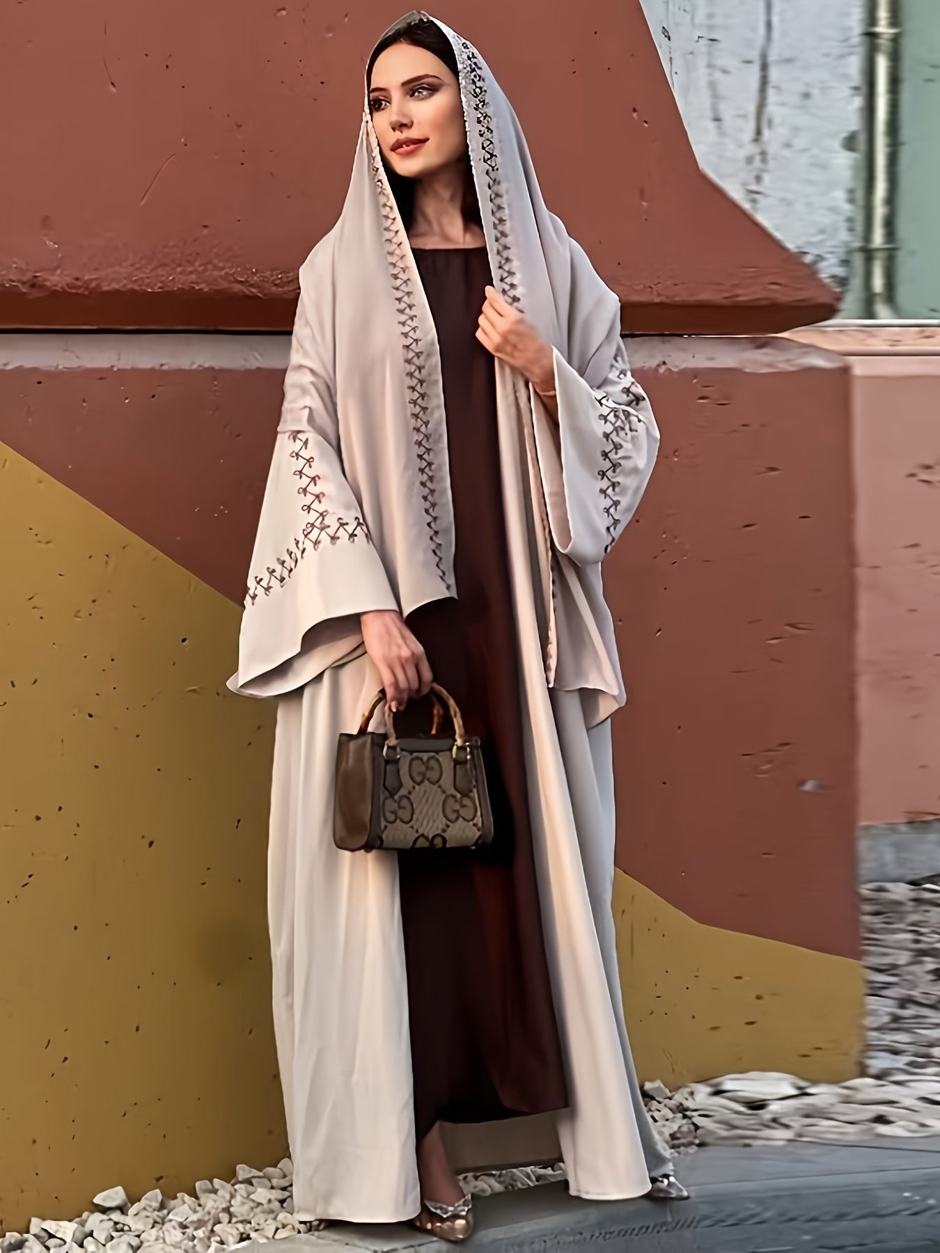 Plus Size - Plus Size Women's Long Sleeve Open Front Middle Eastern-Inspired Abaya Burqa with Headscarf - Casual, Machine Washable, Dry Cleanable, Versatile for All Seasons