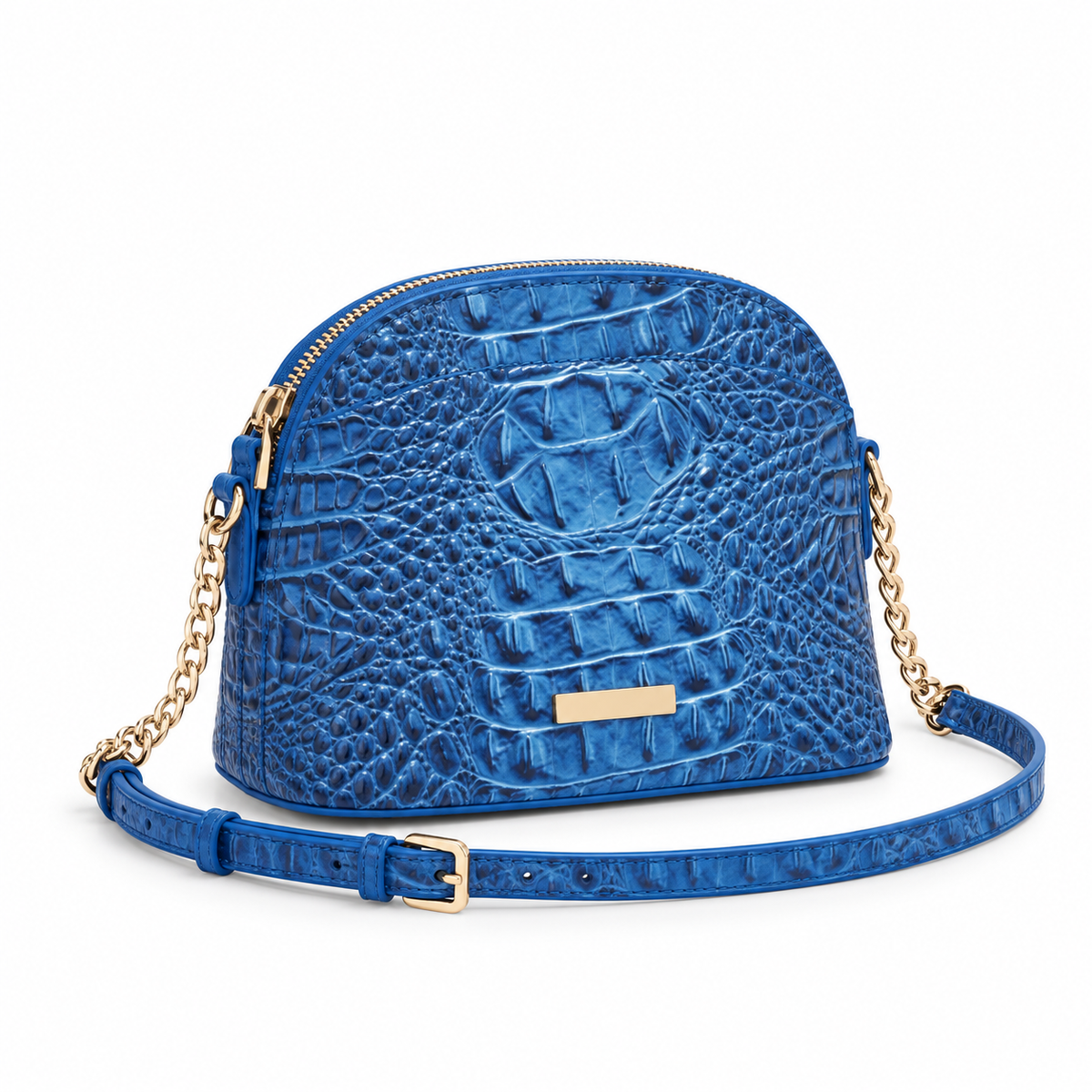 Blue Crocodile Embossed Dome Crossbody Bag