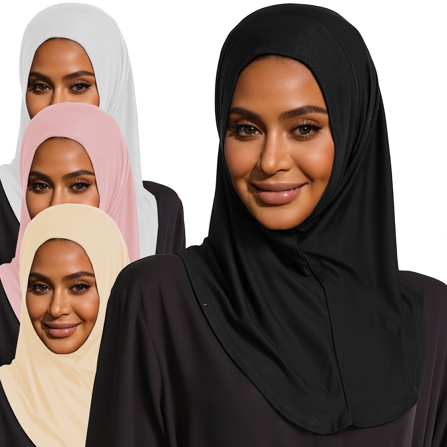 4pcs High Stretch Spandex Muslim Khimar Abaya, Ethnic Knit Hair Cap with Pullover - Solid Color Hijab, Religious Theme