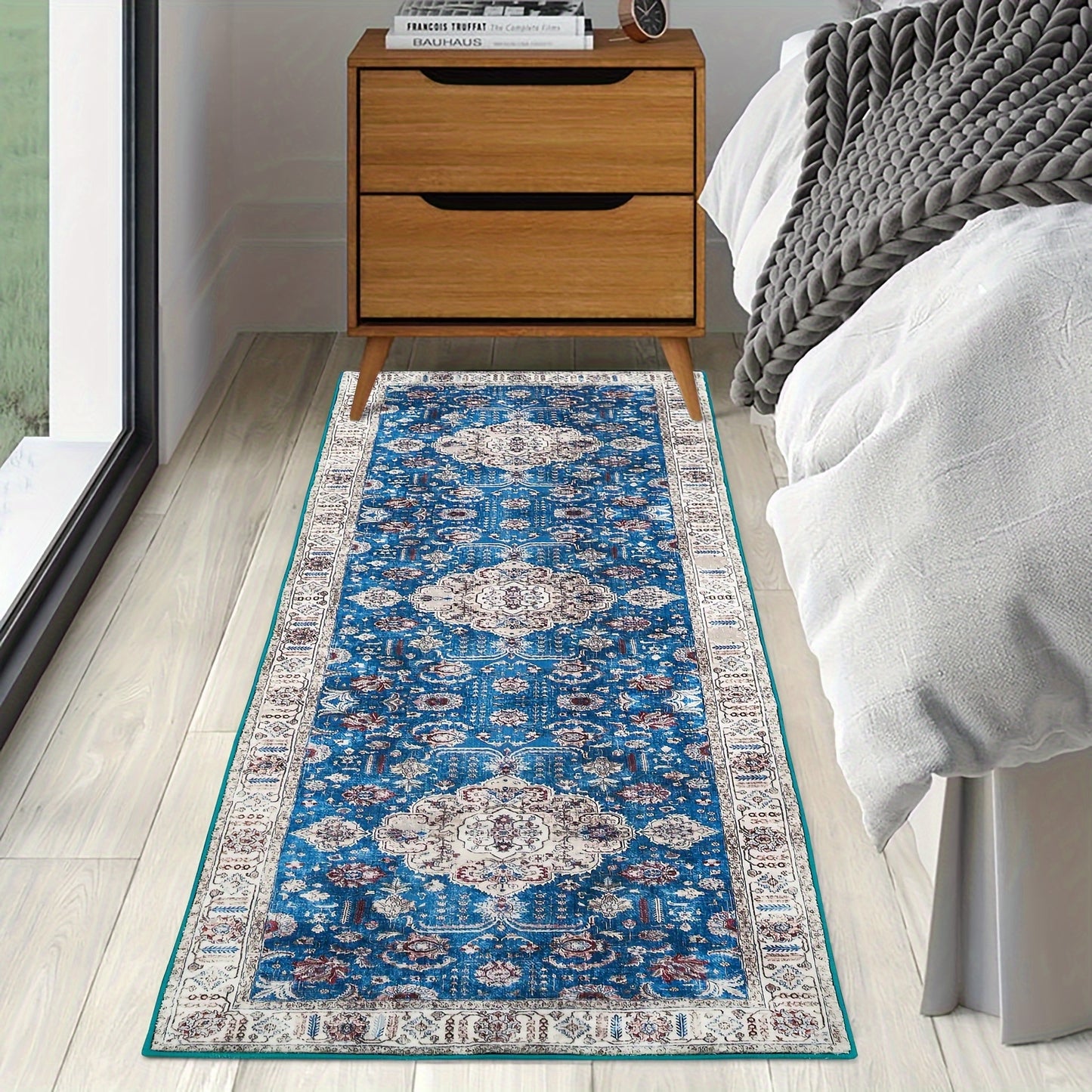 Machine Washable Runner Rug Boho Vintage Rug Non Slip Carpet For Bedroom Hallway Laundry Kitchen, Stain Resistant Dining Room Rugs Floral Oriental Entryway Rug Soft Living Room Rug, Blue