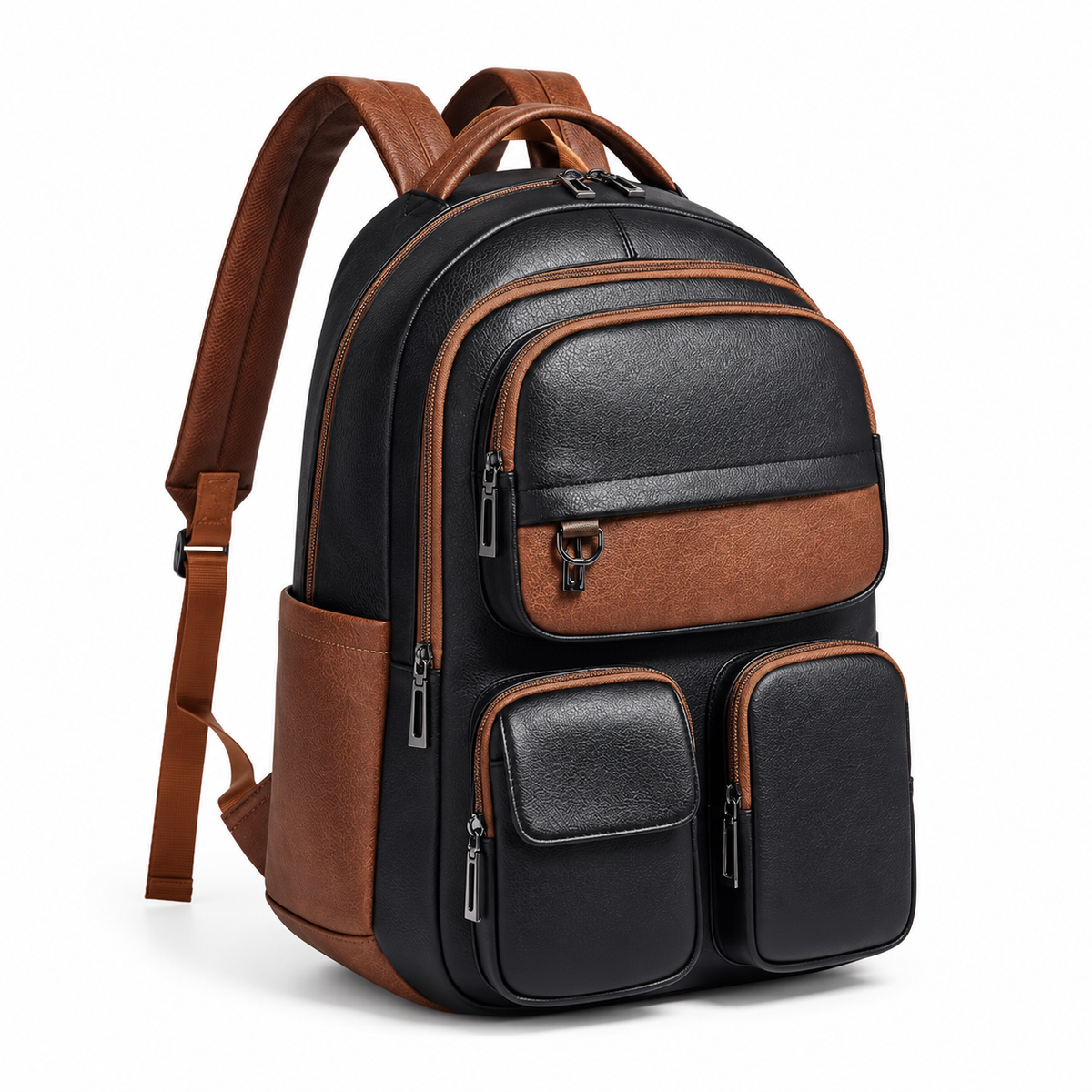 Black Brown Vegan Leather Travel Backpack