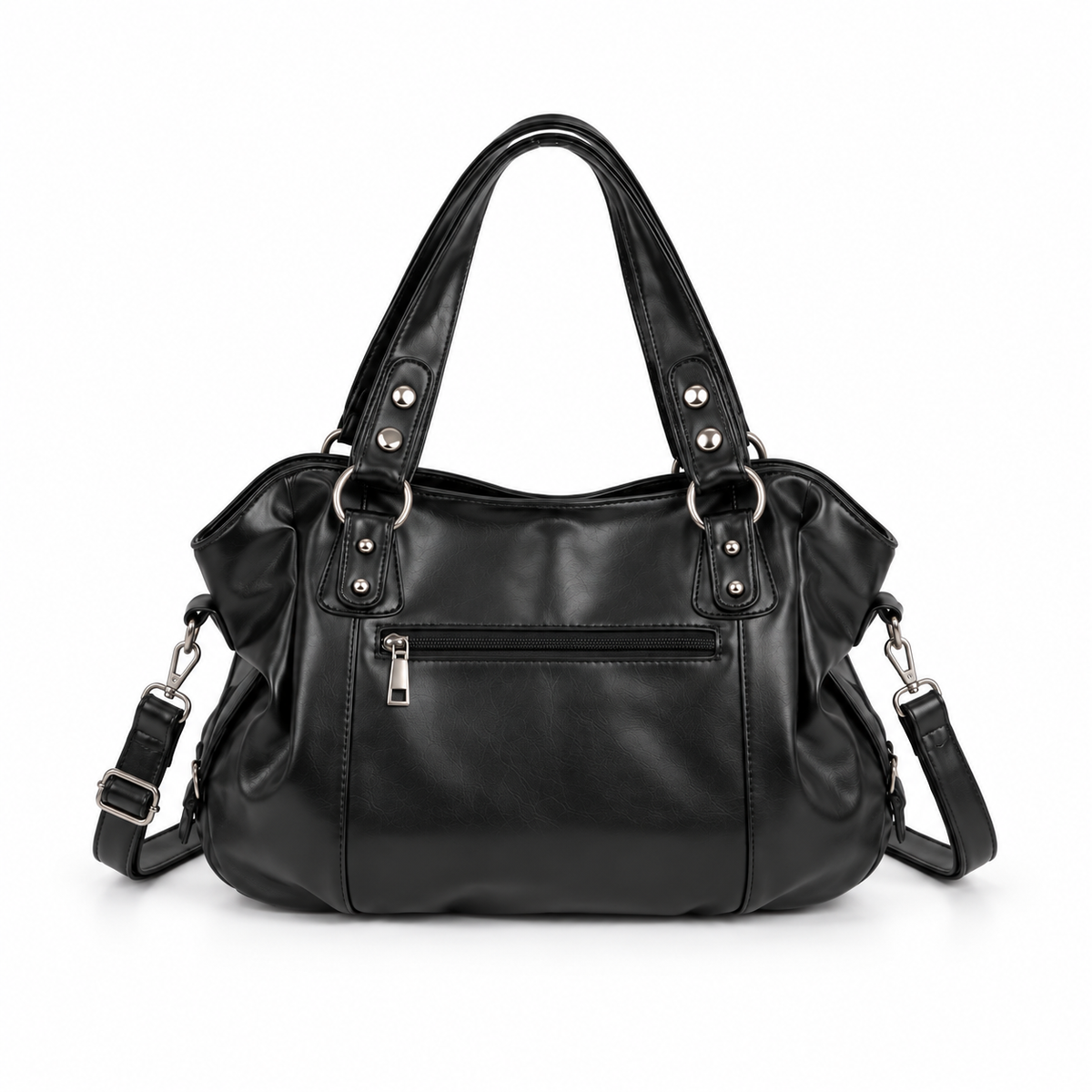 Black Lace-Up Ruched Leather Shoulder HandBag