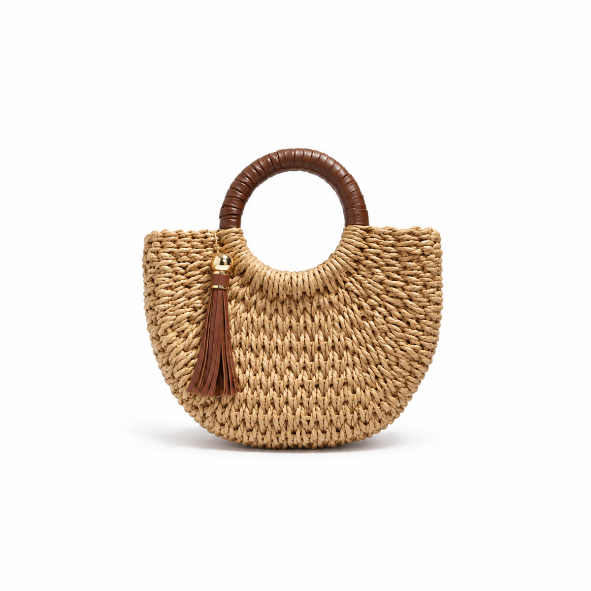 Natural Woven Raffia Tassel Handle Handbag