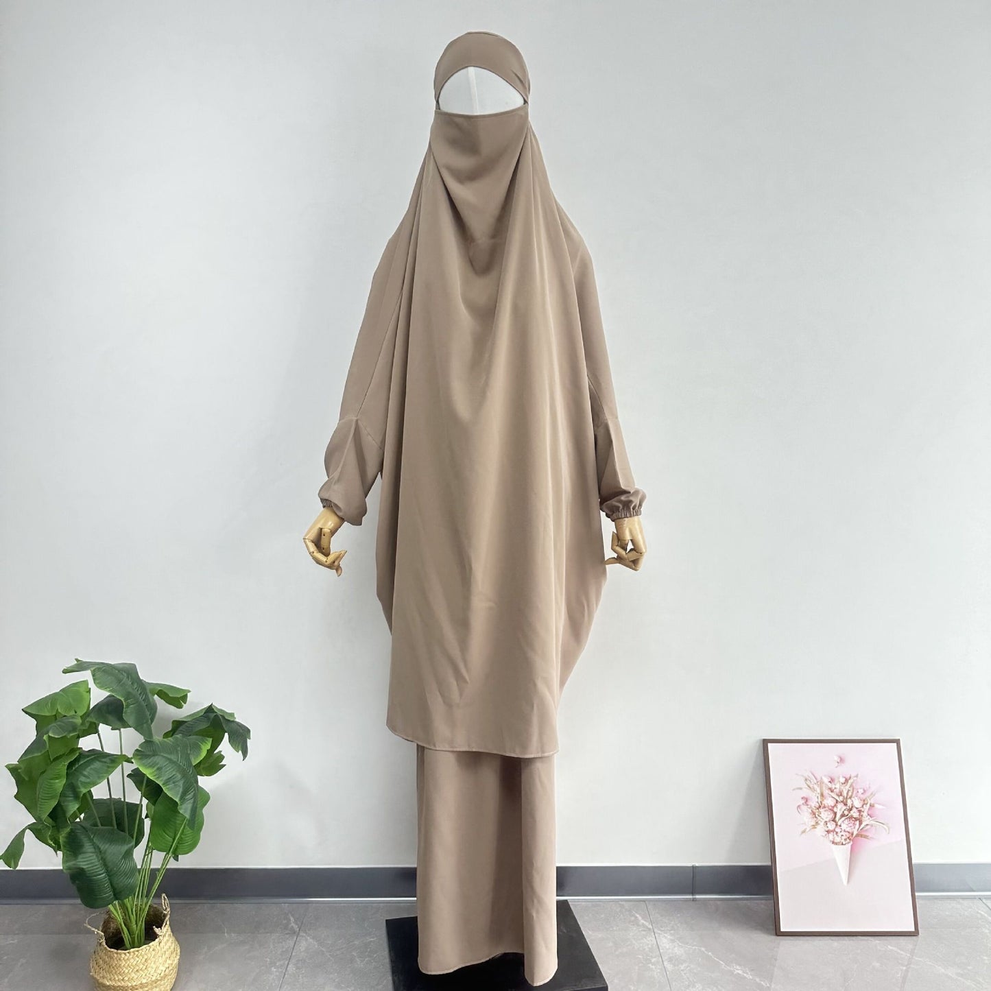 Middle East Dubai Women's Solid Color Loose Jilbaab Two-Piece Set with Large Hijab for Export