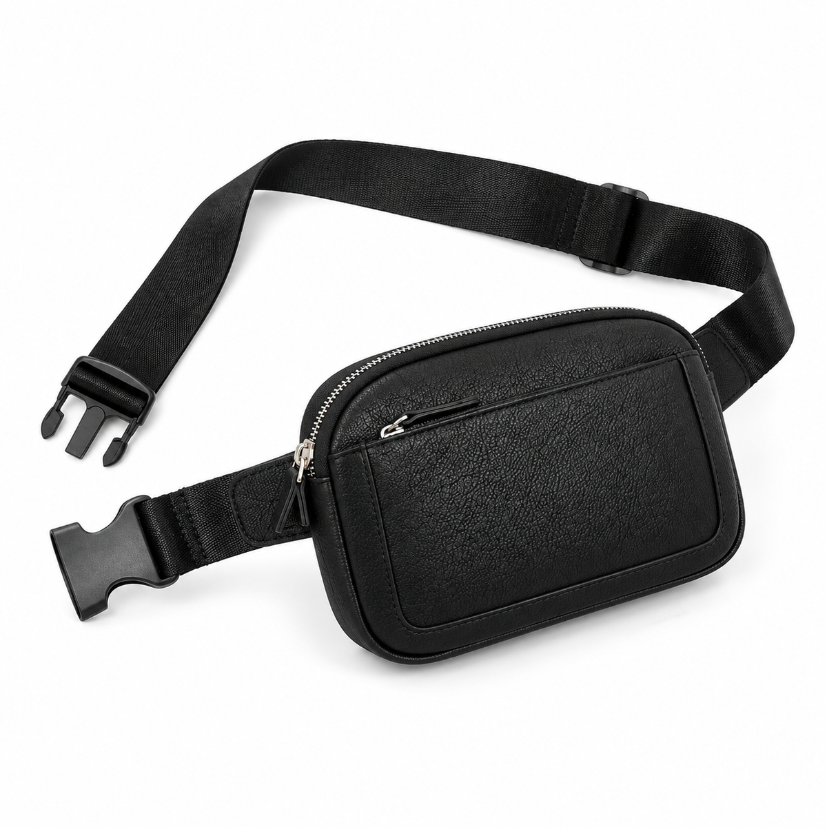 Black Textured Waist Bag With Zippers