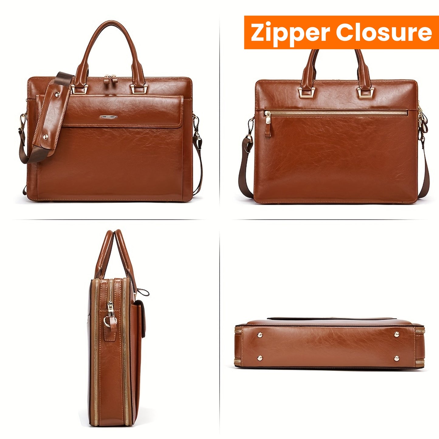 Premium Genuine Leather 15.6" Business Laptop Bag for Women - Light Brown, Adjustable Shoulder Strap