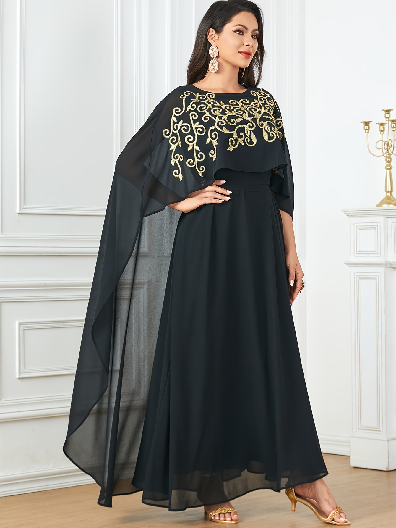 Stylish Long Cape with Lace Edge and Embroidery, Two-piece Set, Robe with Waistband and Body-hugging Abaya Dress