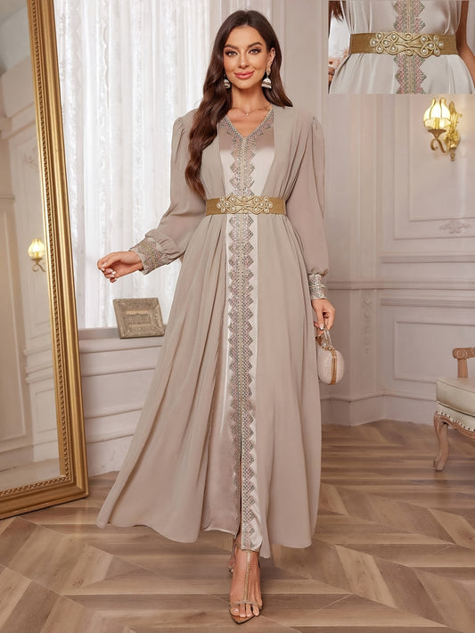 Women V-Neck Sleeveless Lace Elegant slit Abaya Dress with Detachable Belt And Arab Style Outer Long Sleeve Two-Piece Set