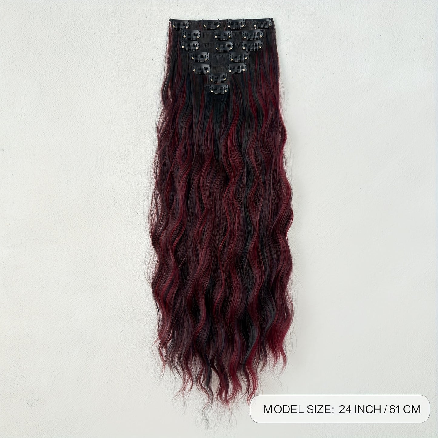 24 Inch Long, Easy to Apply, Heat Resistant Clip-in Hair Extensions, 7pcs Curly Wave Synthetic Hairpiece, Black Brown for Women, Party Ready, No Tools Required