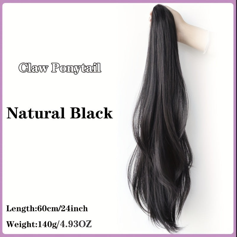 Black 23.62inch Clip-On Ponytail Hair Extension Wig for Women, Featuring a Long Straight Hairpiece