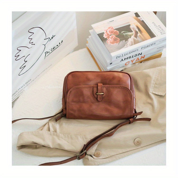 Japanese-Style Vintage Crossbody Shoulder Bag - Genuine Leather with Adjustable Strap & Golden-Tone Clasps, Zipper Closure, Polyester Lining
