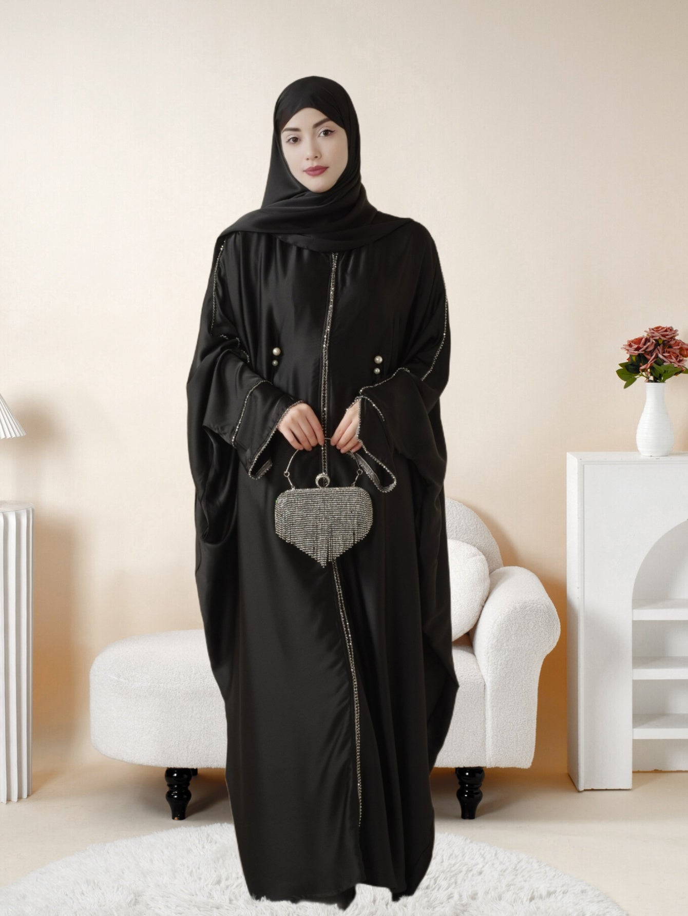 Batwing Emirati Abaya with Matching Hijab | Batwing Sleeve Abaya – Elegant Middle Eastern Arab, Islamic Style Shawl Robe Dress for Women, Long Skirt, Ramadan Prayer Outfit