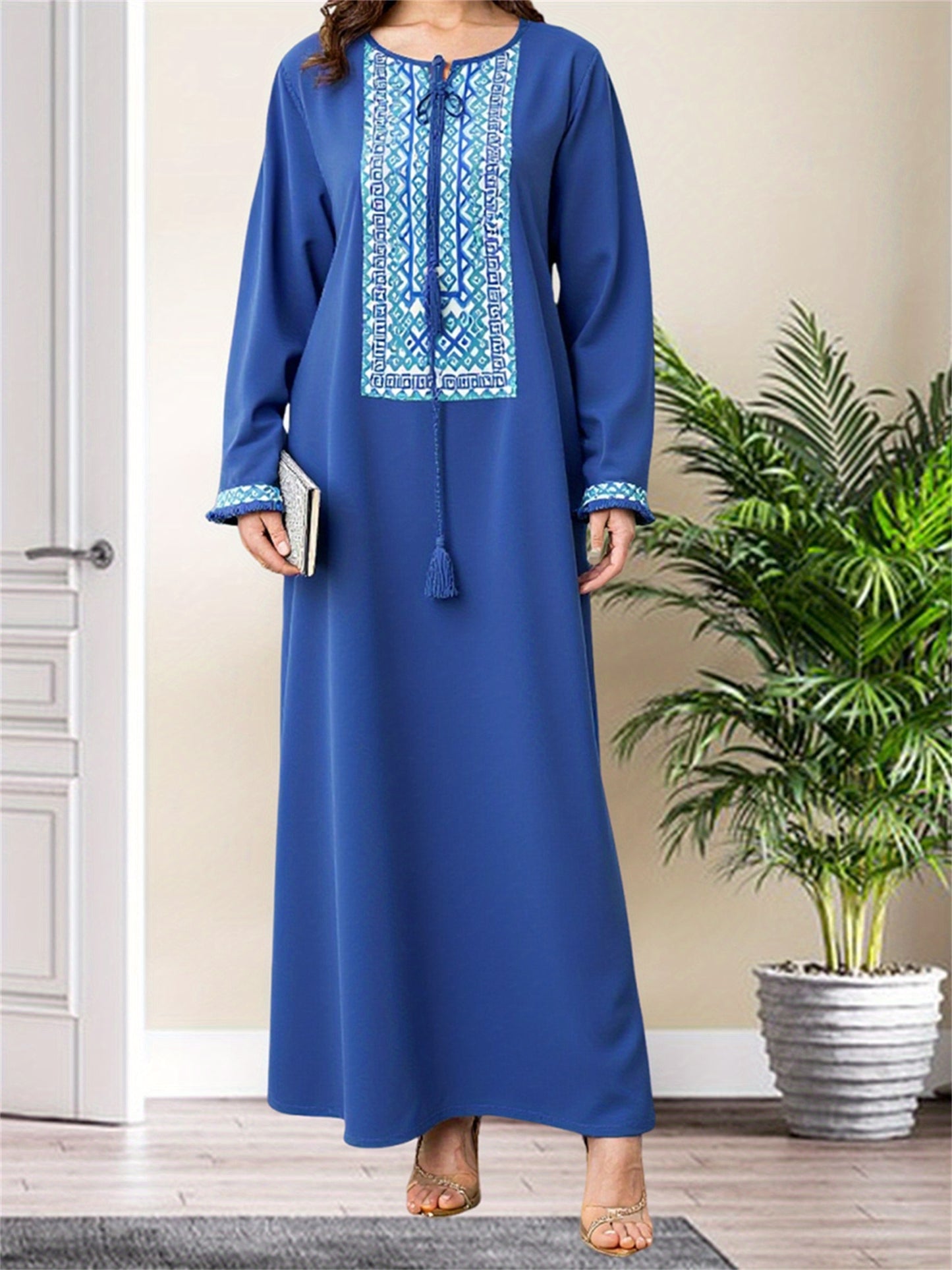 Women's Vintage Turkish Abaya Dress - Loose Fit Tie-Up Tassel Round Neck Long Sleeve Geometric Print 100% Polyester Machine Washable All-Season Casual Outdoor Wear