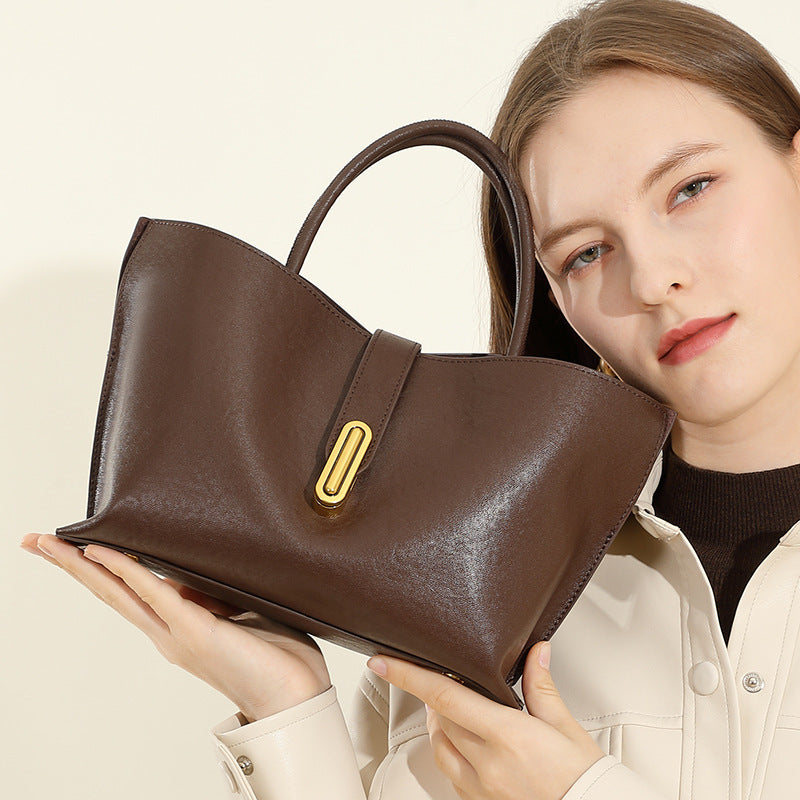 Genuine Leather Women's Crossbody Tote Bag - Vintage Style with Golden-Tone Buckle Closure