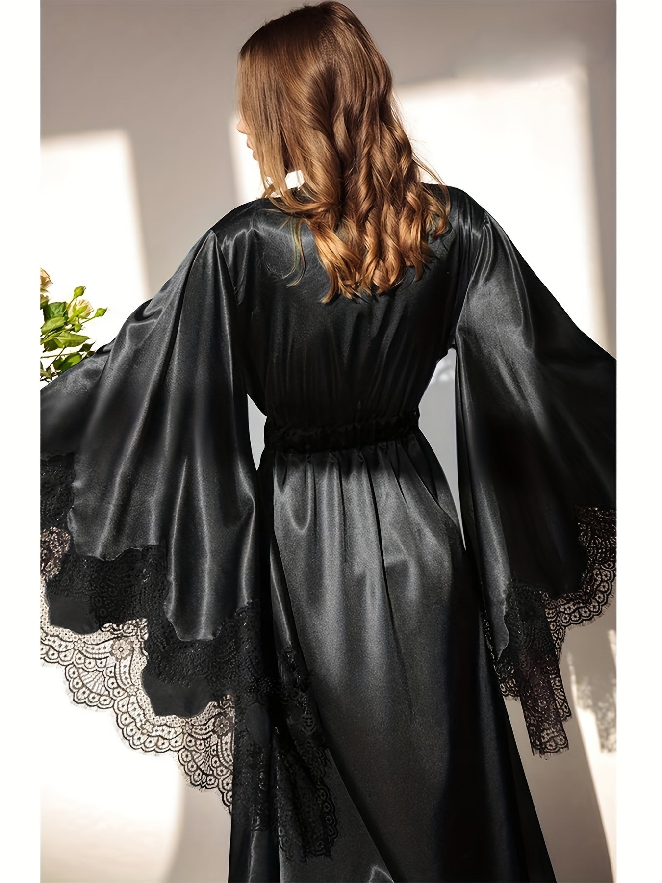 Women's Black Satin Robe - Elegant Long Lace Kimono, Lightweight Bridal Sleepwear for Wedding Day, Polyester, Contrast Lace Detail, Bride Lingerie