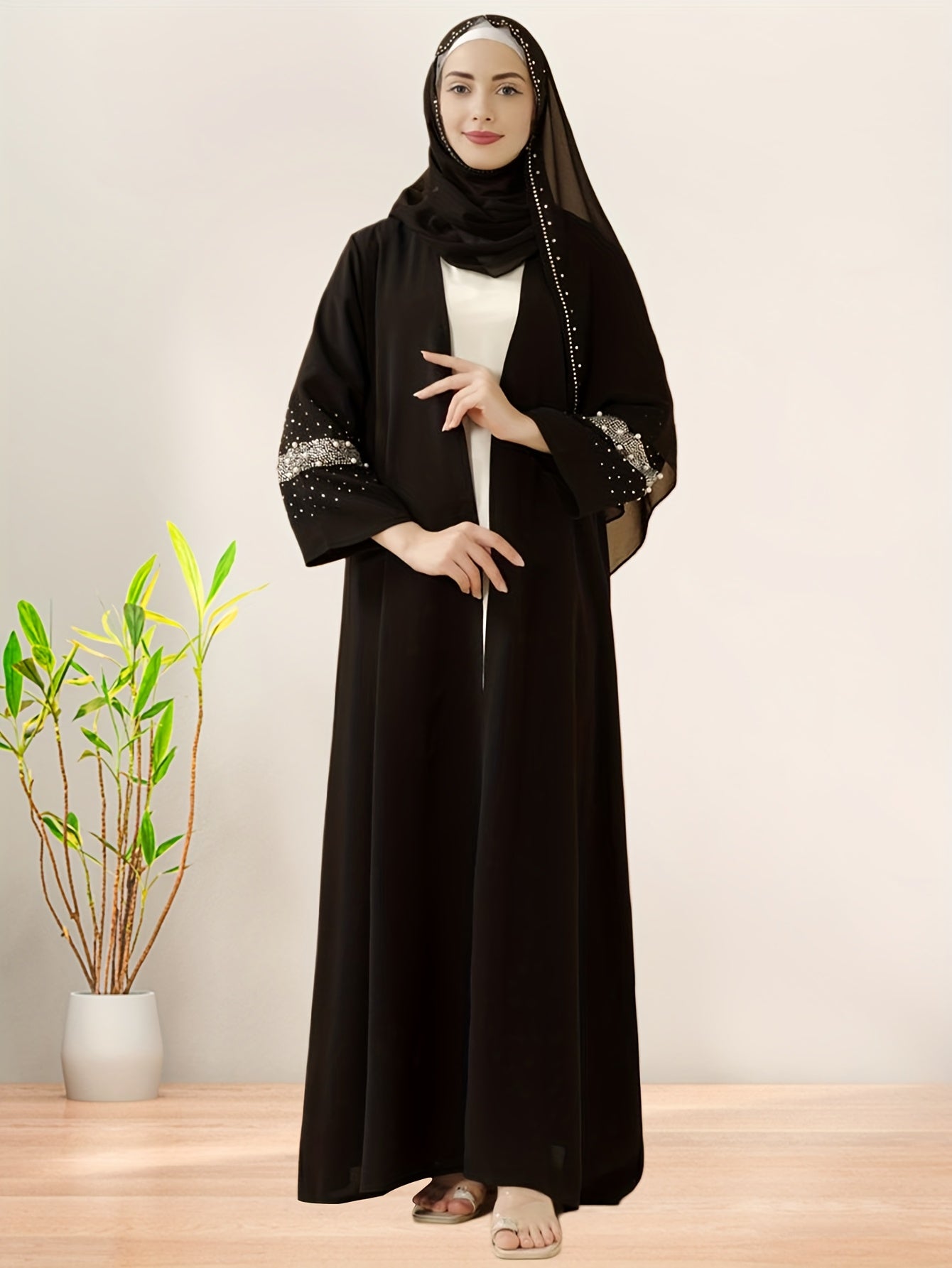 2pcs/Elegant black Muslim Pakistani Abaya with faux pearl embellishments, paired with a matching hijab scarf, made of lightweight and breathable fabric, suitable for prayer, family gatherings, or daily wear