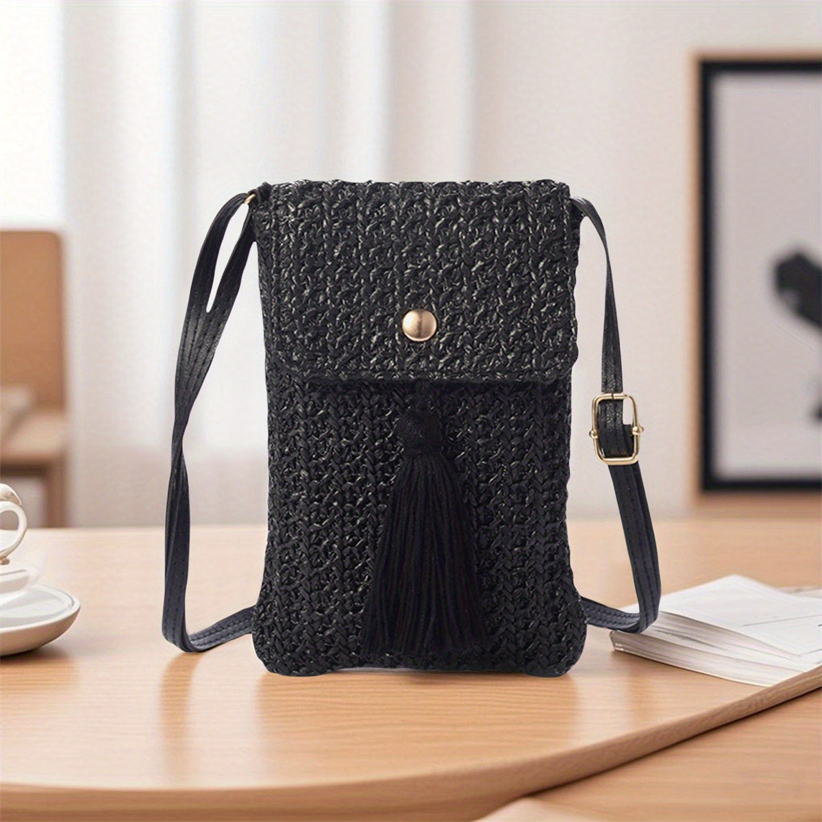 Women's Chic Beige Woven Crochet Crossbody Bag with Adjustable Strap, Tassel Detail & Magnetic Closure - Lightweight Fabric Phone Purse