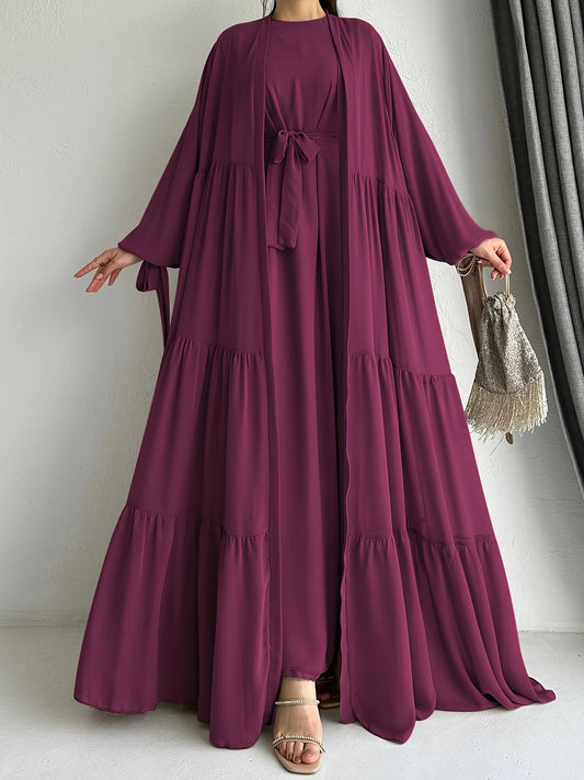 Women's Middle Eastern Palestinian Abaya Dress with Cape Cover - Sleeve Brown Solid Color Modest Traditional Dress, Adjustable Waist Tie Belt, Machine Washable All-Season Wear, Versatile Layering Piece