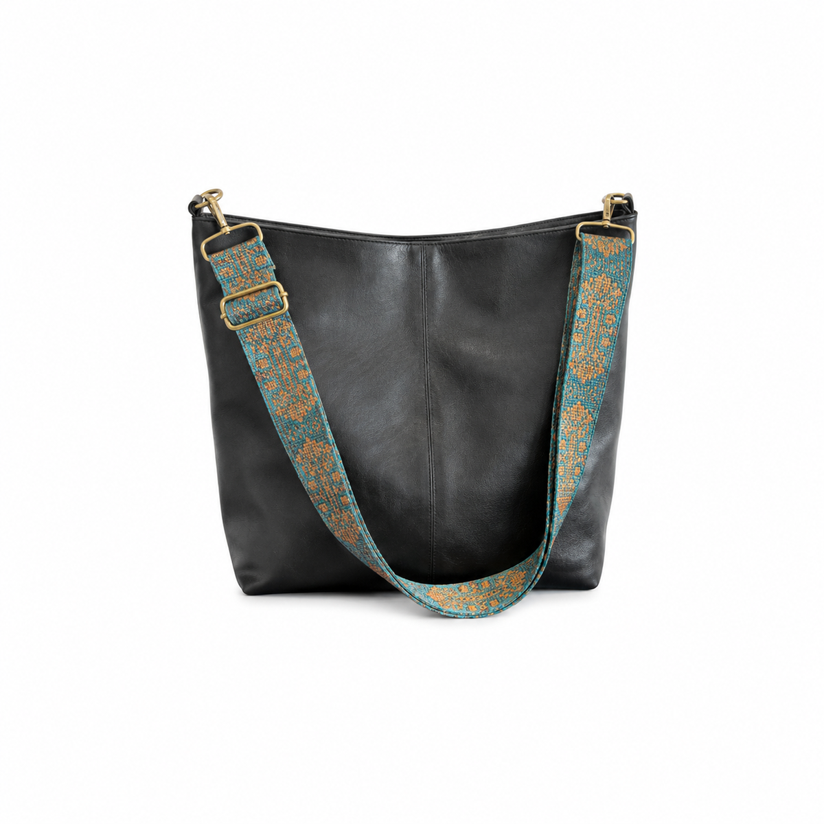 Black Leather Tote with Boho Strap