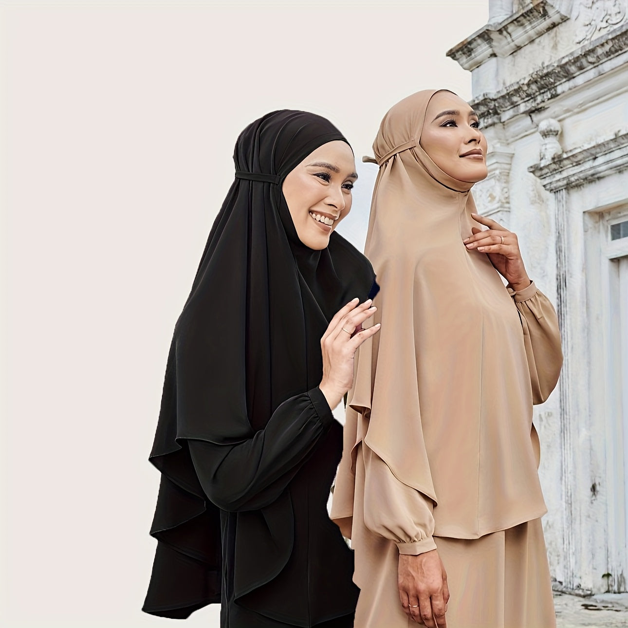 2pcs/set Breathable Polyester Women's Convenient Wearable Instant Muslim Hijab Khimar Abaya | Adjustable Drawstring, Turban Hat Style for Easy Prayer & Worship, Hand Wash or Dry Clean, Beige