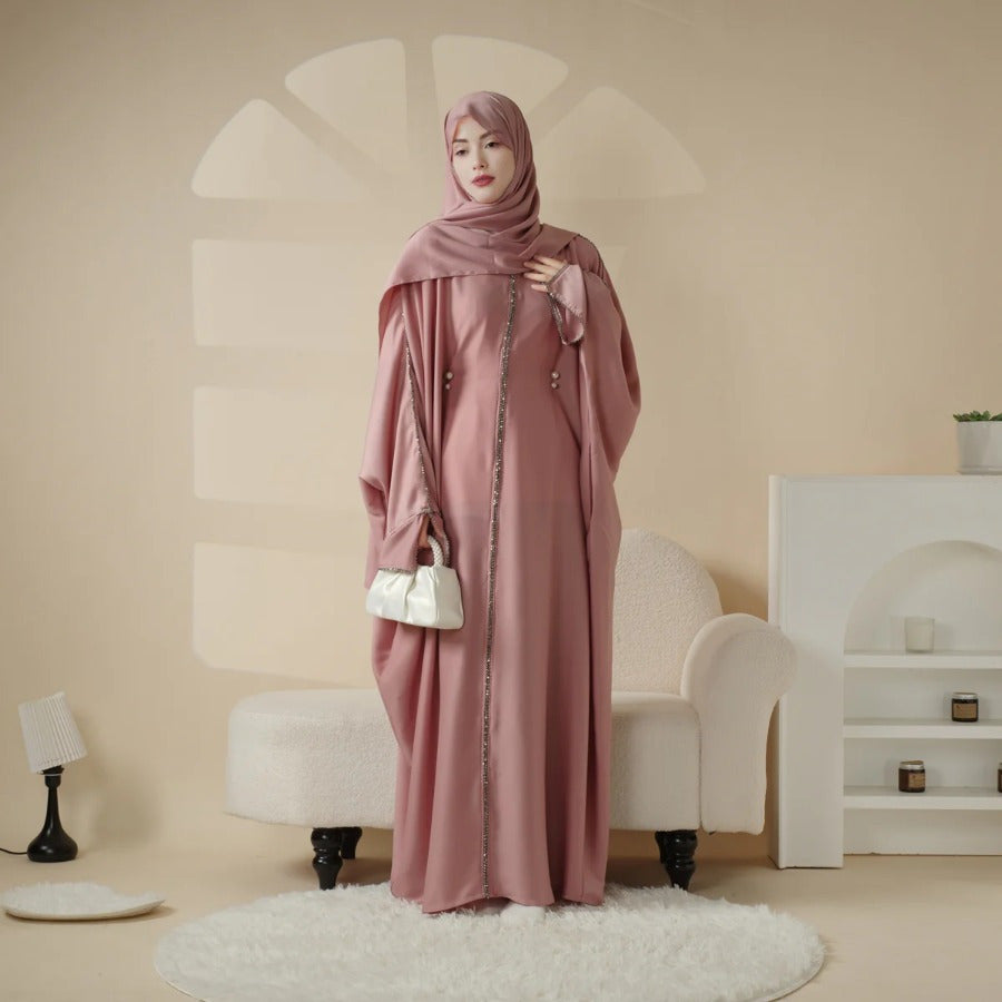 Batwing Emirati Abaya with Matching Hijab | Batwing Sleeve Abaya – Elegant Middle Eastern Arab, Islamic Style Shawl Robe Dress for Women, Long Skirt, Ramadan Prayer Outfit