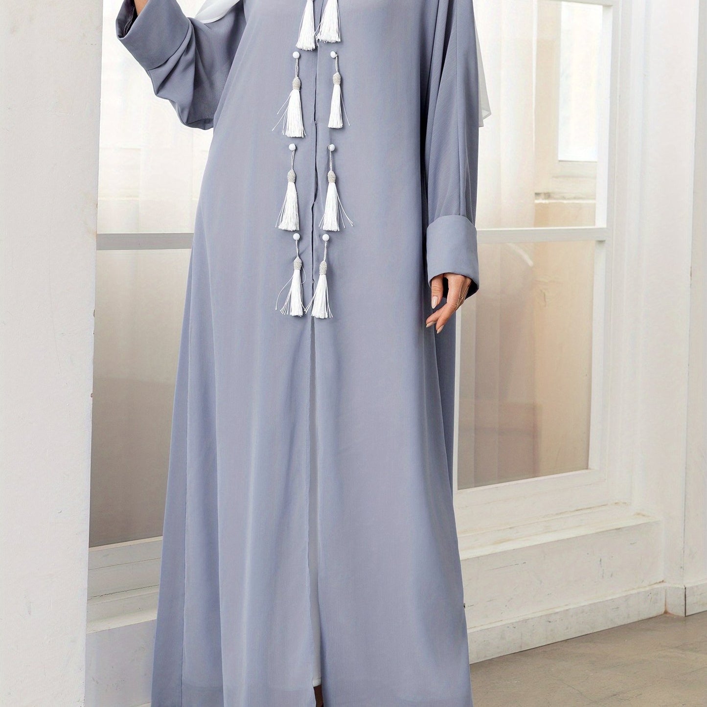 Elegant Gray Long Sleeve Tassel Cardigan - Loose Fit Caftan Gown for All Seasons