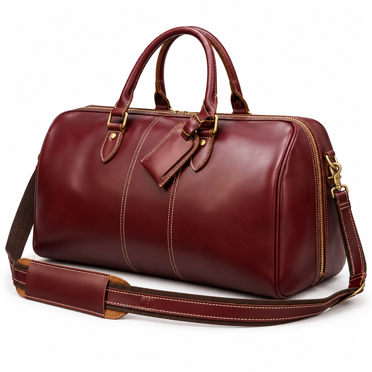 Classic Burgundy Leather Weekend Duffel Bag
